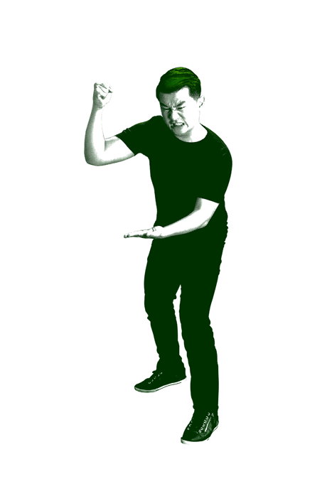 A GIF of Ronny Chieng crushing the logo and dynamic spark.