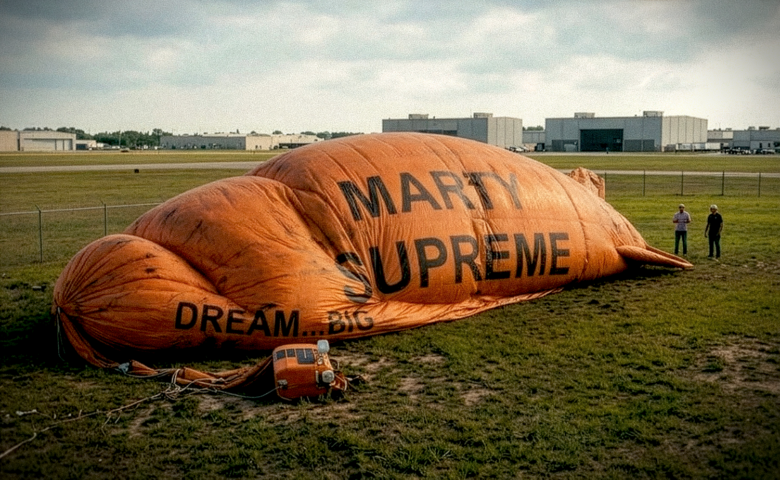 Deflated orange blimp branded “Marty Supreme” lying on a grassy airfield with two people standing nearby, suggesting a failed or grounded marketing campaign.