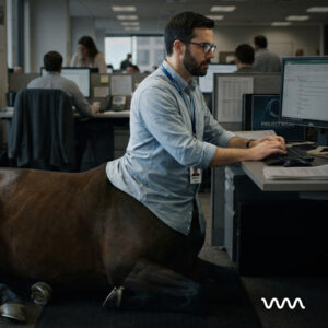 Office worker typing at a desk with a computer; man wears glasses and a blue shirt with a lanyard, horse in foreground.