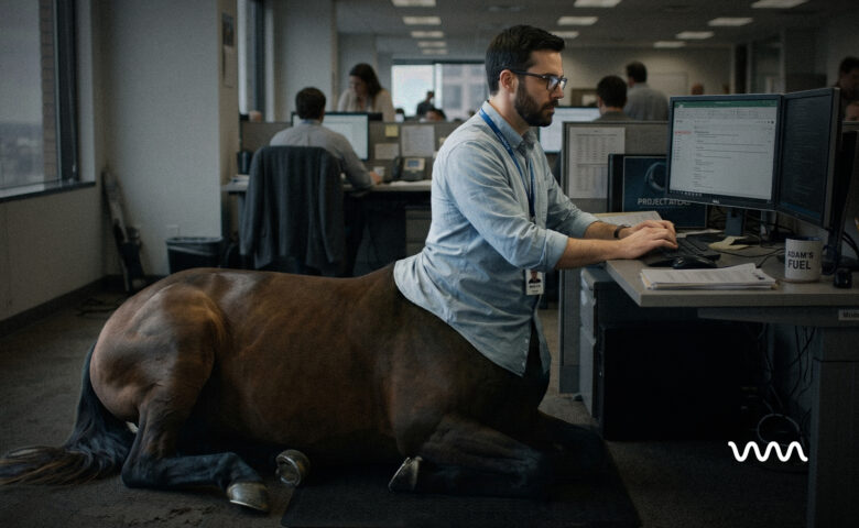 Office worker at a desk typing on a keyboard while a horse lays on the office carpet beside him, nearby monitors and papers visible.