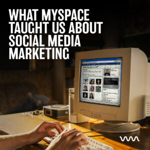 Hands typing on a keyboard beside an old CRT monitor showing a MySpace profile, with a bold article title about MySpace and social media marketing in the background.
