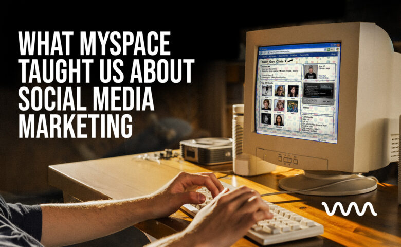 Person typing on a beige desktop computer at a wooden desk; the monitor shows a MySpace profile as a bold article headline overlays the left side.