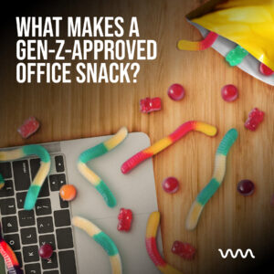 Banner with colorful candies scattered on a laptop keyboard and the headline: What makes a Gen-Z-approved office snack?