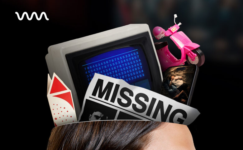 Collage on a head featuring a vintage monitor with blue text, a pink scooter, a missing-person newspaper, and a smartphone above the hairline.